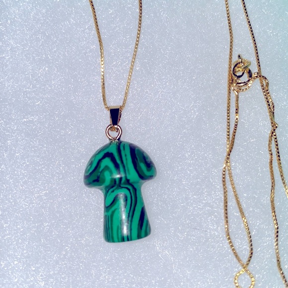 Boho Hippie Psychedelic Mushroom 🍄 Malachite Gold Plated Silver 24” N… - Picture 2 of 6